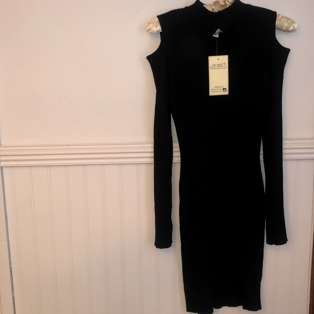Say, white dress in black size, small cotton ripped open shoulder dress